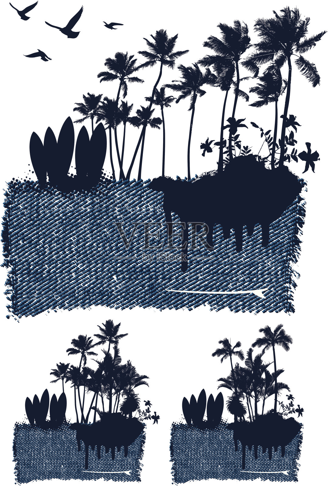 三个冲浪场景与棕榈树和鲜花插画图片素材