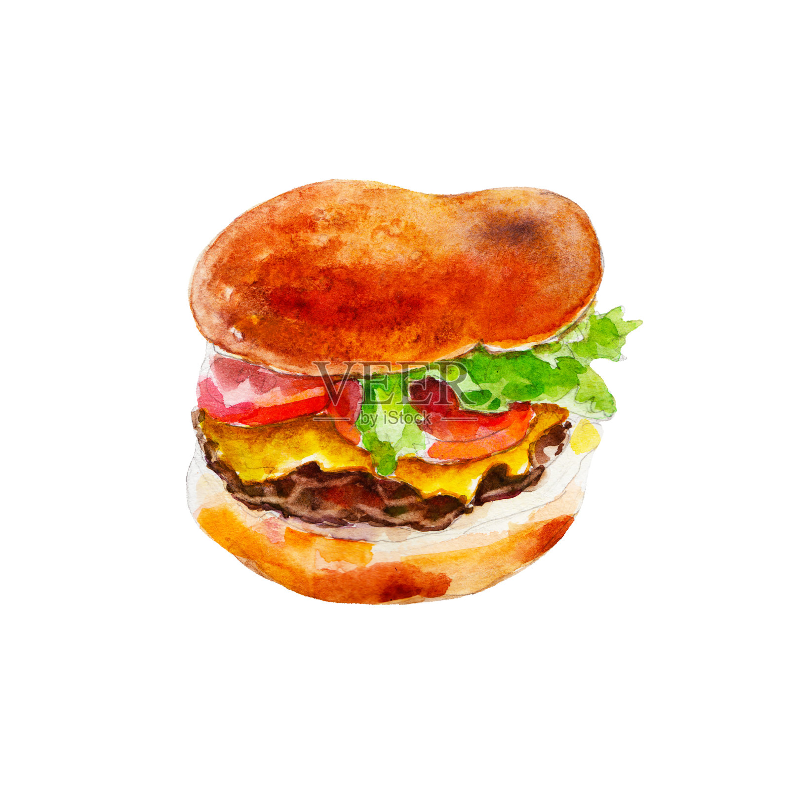 汉堡包与新鲜蔬菜，水彩插图孤立在白色背景。设计元素图片