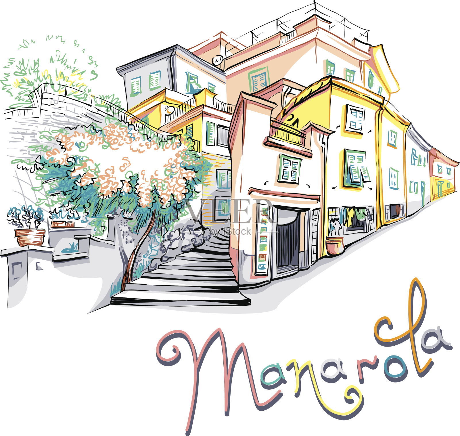 意大利马纳罗拉五颜六色的房子插画图片素材