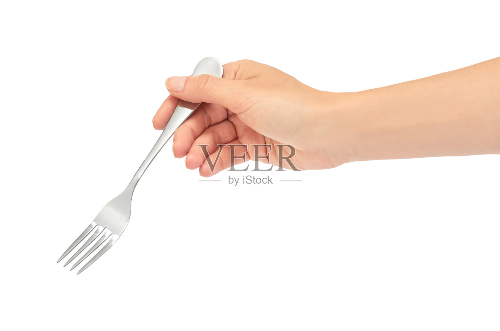 女人的手拿着叉子。在白色背景上隔离照片摄影图片