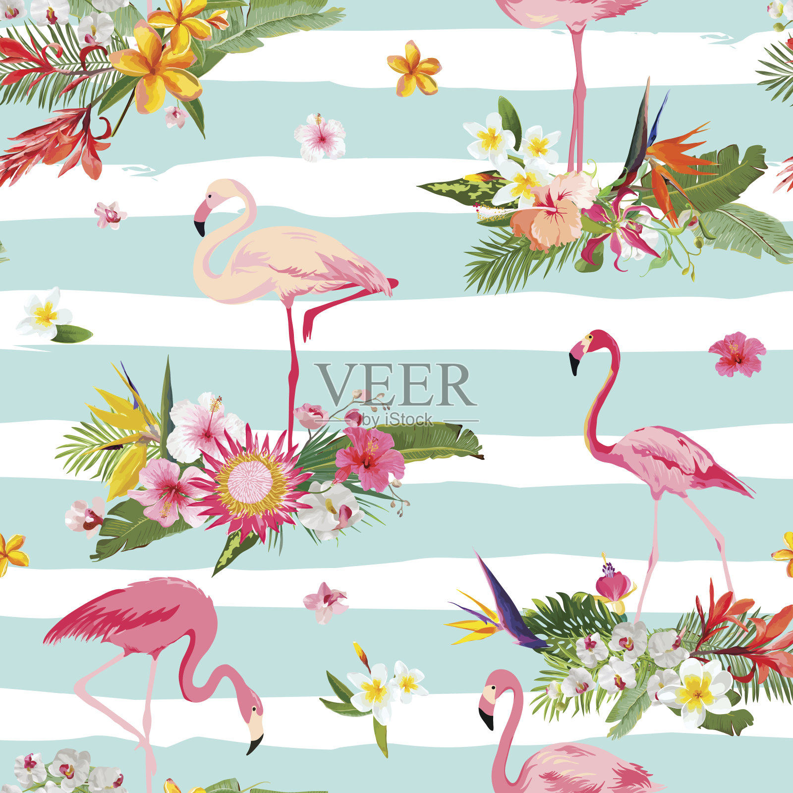火烈鸟和热带花卉背景。复古无缝模式矢量插画图片素材