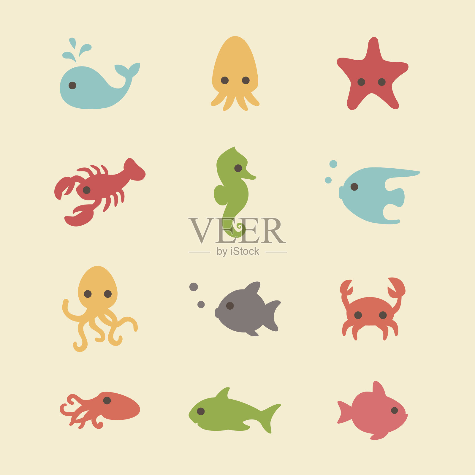 可爱简单的海洋生物插画图片素材