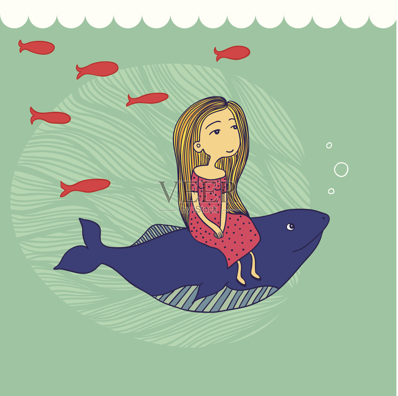 女孩和鲸鱼插画图片素材