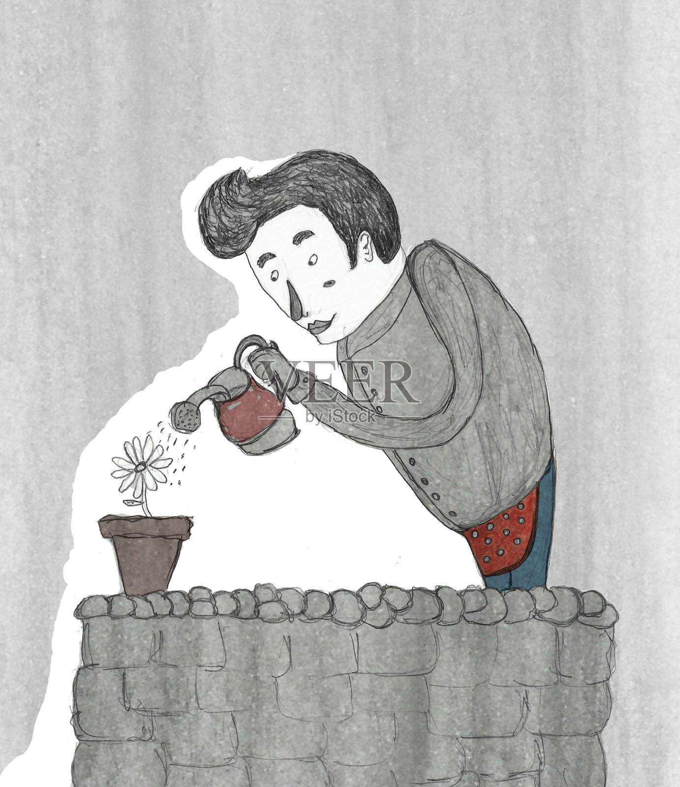 男人浇灌他的植物石墨和数字插图插画图片素材