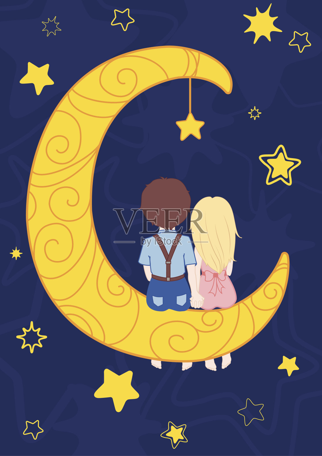 相爱的情侣晚上坐在月亮上插画图片素材