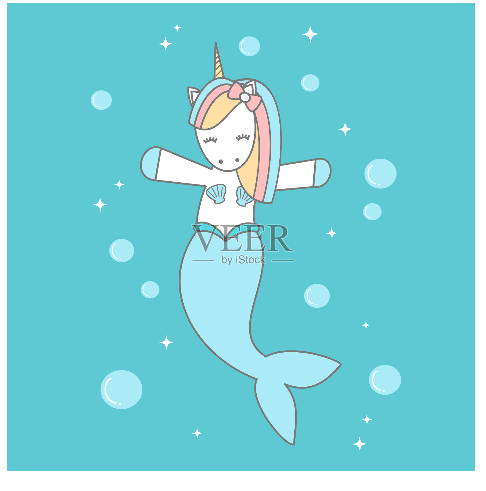 可爱的卡通麒麟美人鱼在海洋矢量插图插画图片素材