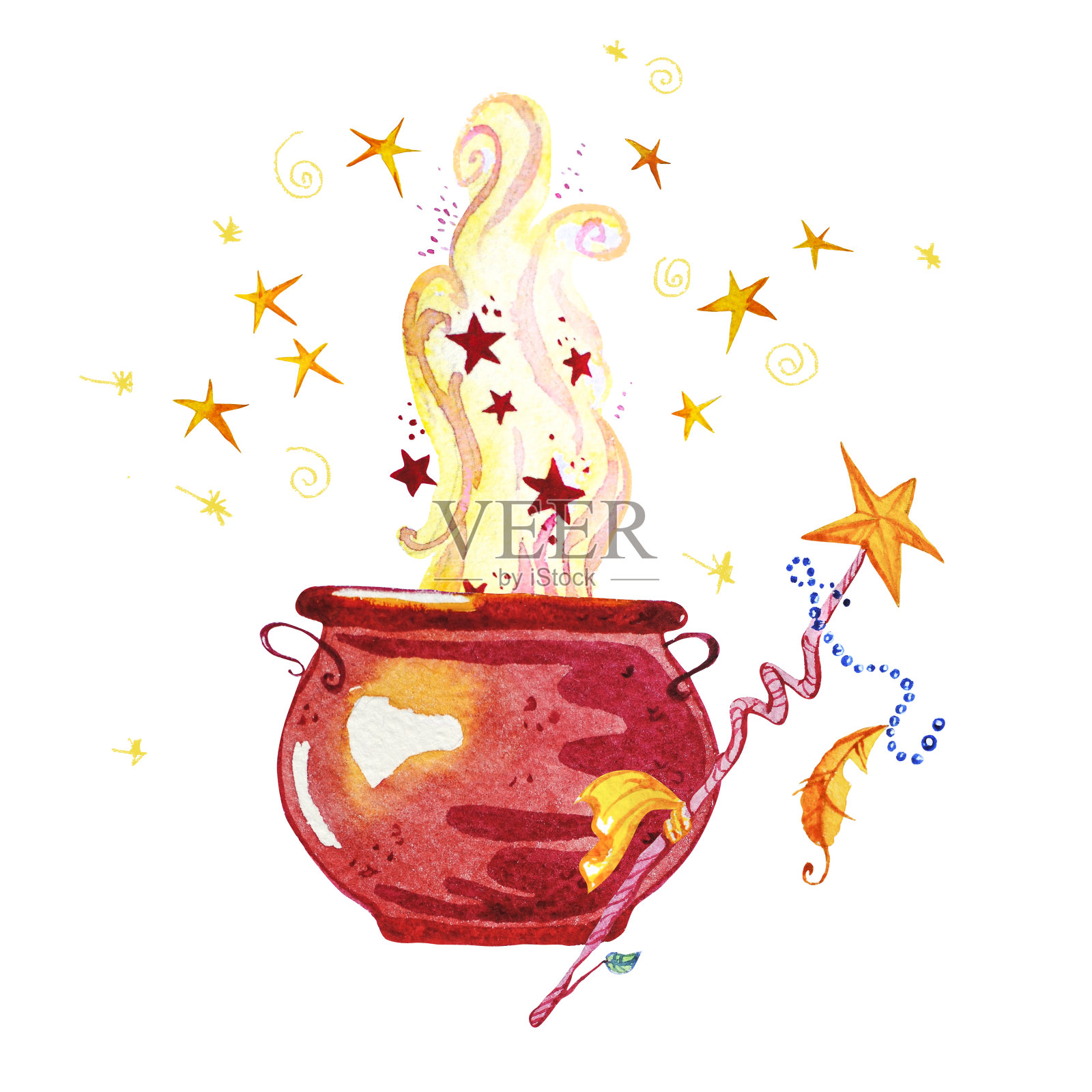 艺术水彩手绘魔术壶插图与星星，烟，火和魔杖孤立在白色的背景。童话魔术师。儿童插图。插画图片素材