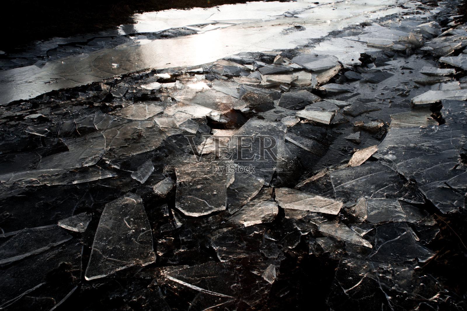 春天的背景-融化和破裂的冰照片摄影图片