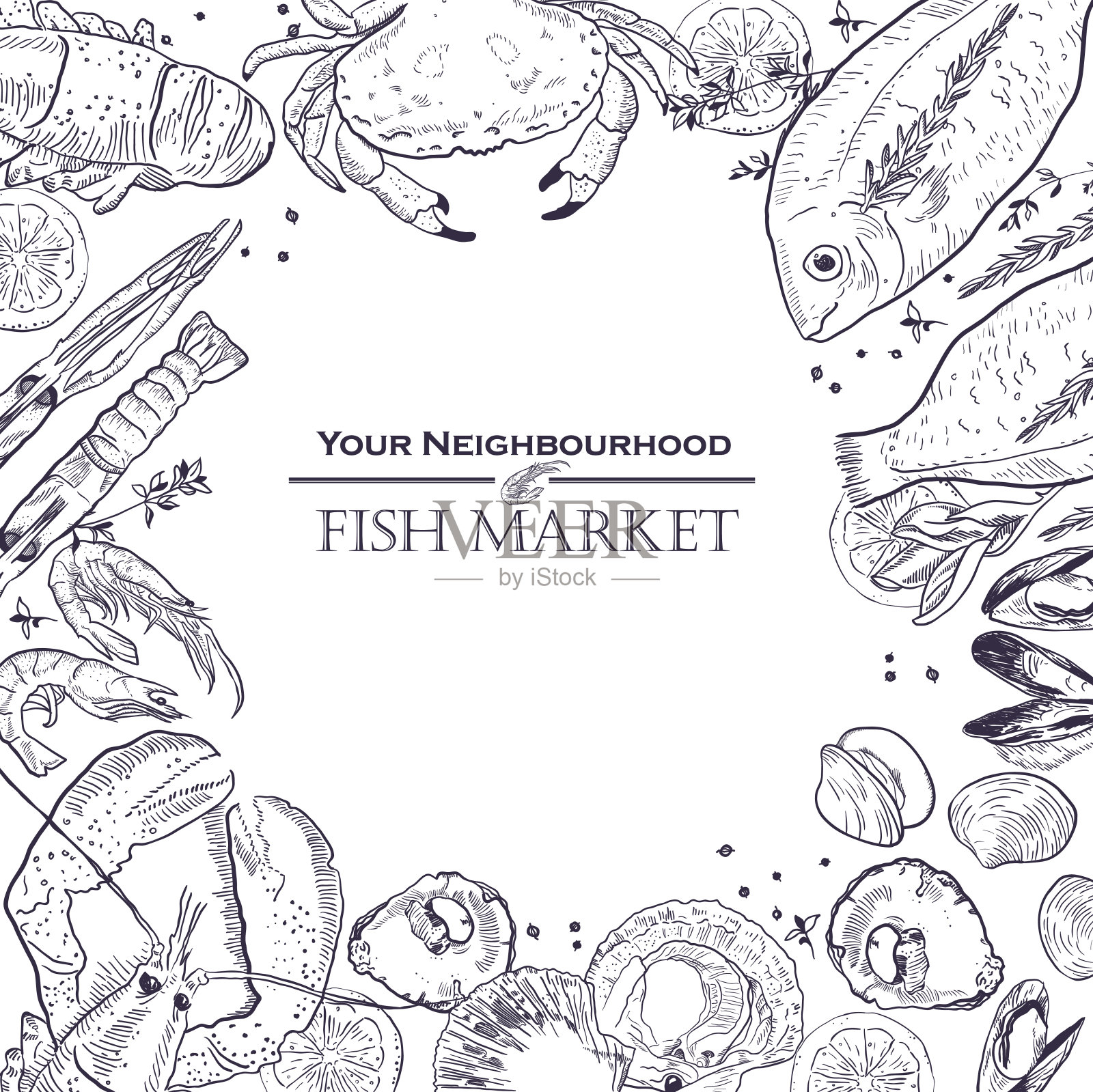 手绘海鲜板，中间有字。鱼市场。矢量图插画图片素材