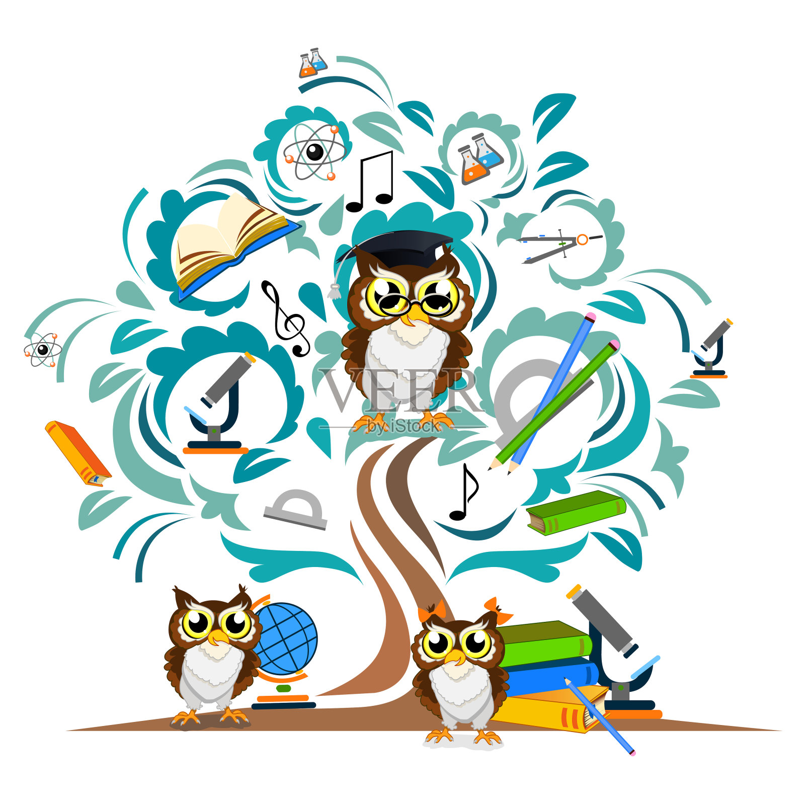 研究树和快乐的猫头鹰插画图片素材