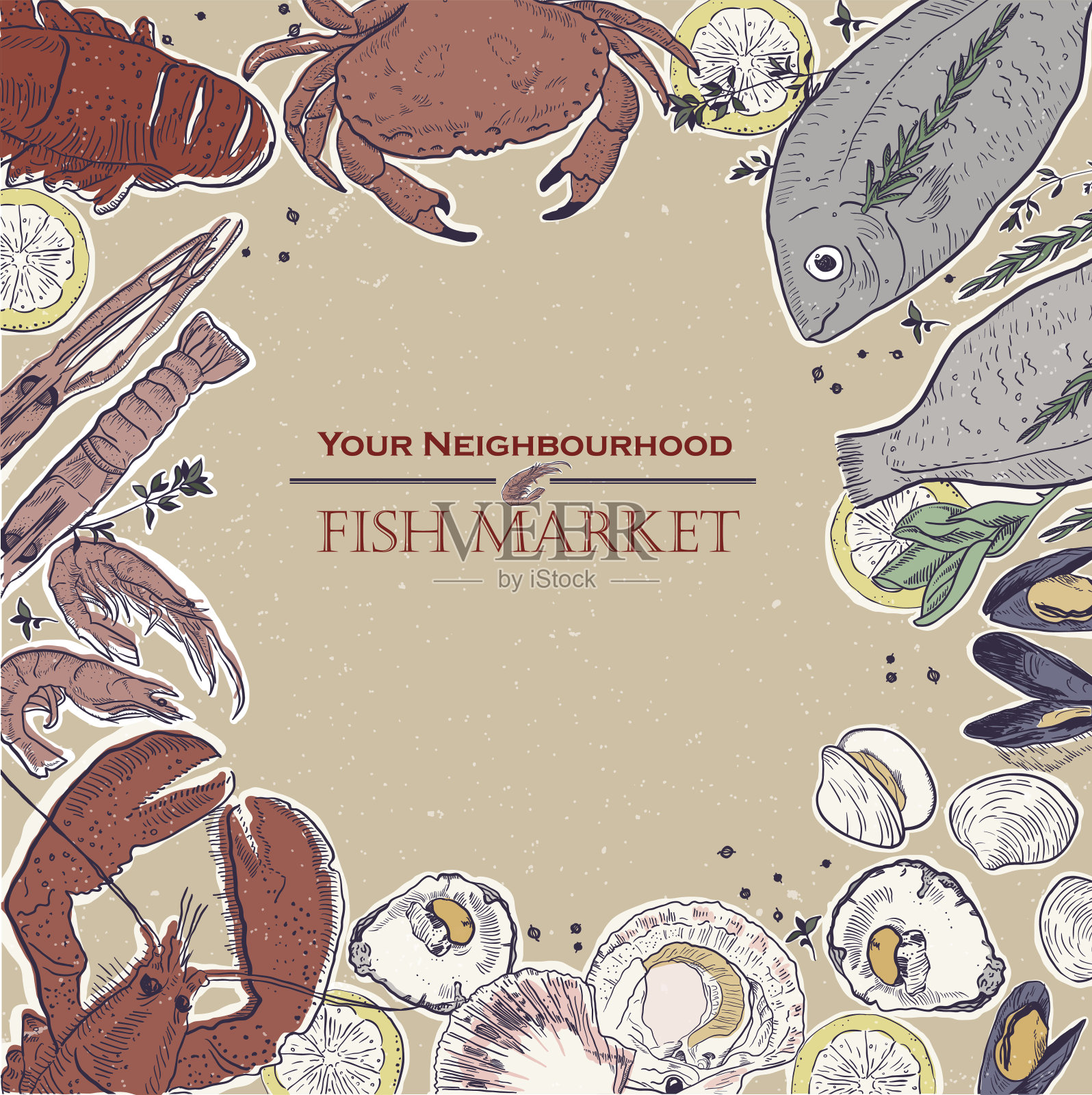 彩色手绘海鲜板，中间有字母。鱼市场。矢量图插画图片素材