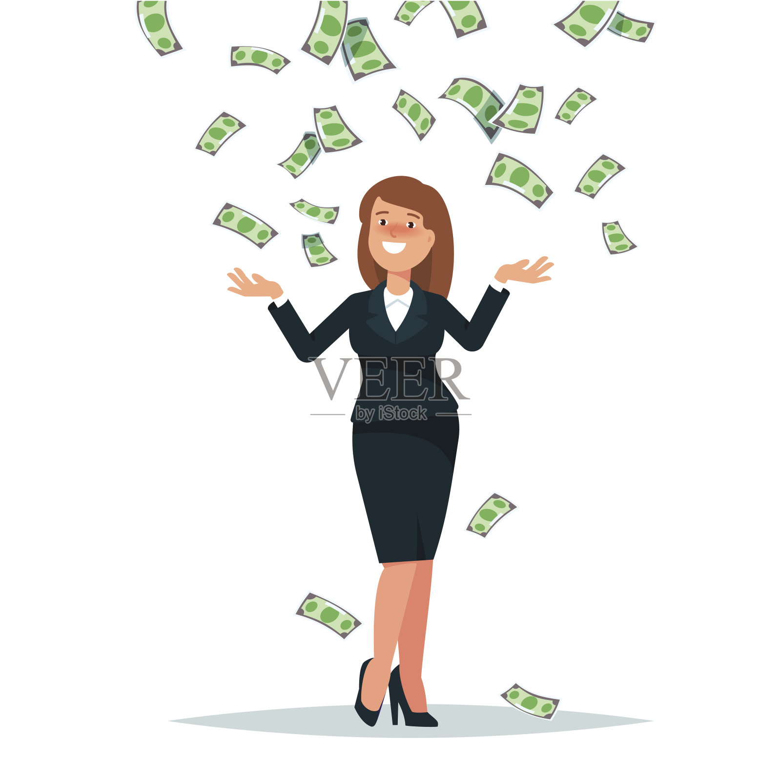 快乐的女商人站在金钱的雨中。成功、成就、财富的概念插画图片素材
