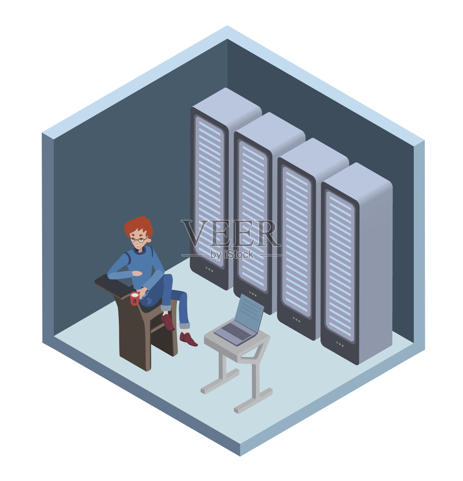 数据中心图标，系统管理员。一个人坐在服务器室的电脑前。矢量插图在等距投影，孤立在白色。插画图片素材