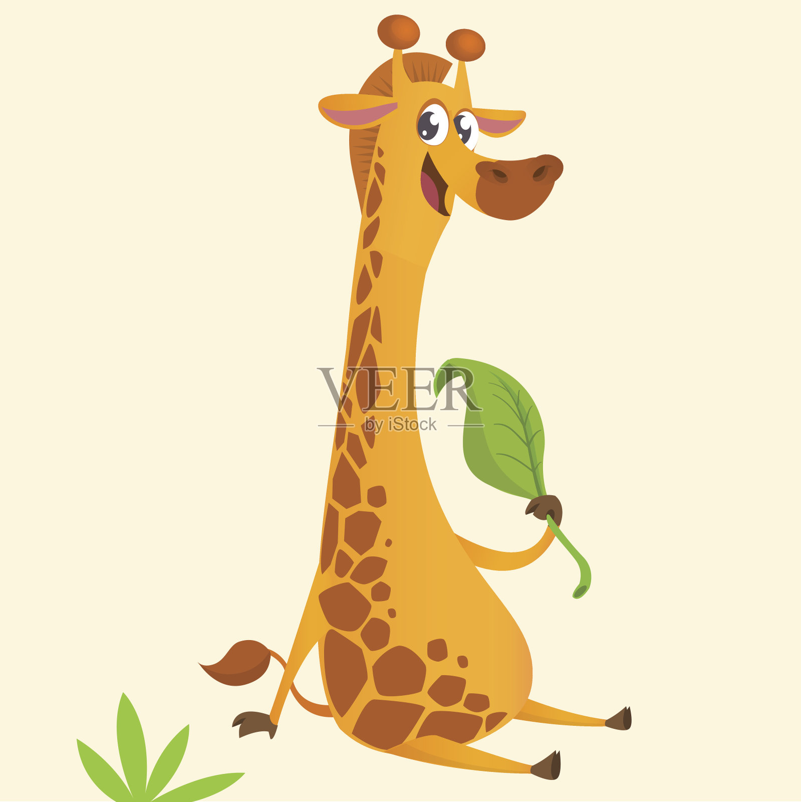 卡通长颈鹿的吉祥物。矢量插图的非洲草原长颈鹿吃一片树叶和微笑。非常适合贴纸印刷或设计插画图片素材