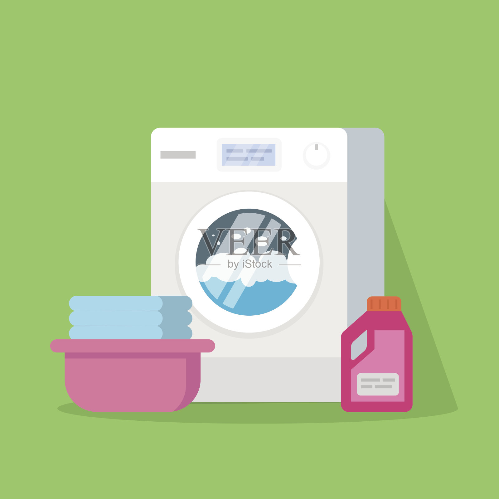 带水和泡沫的洗衣机，一个装有干净布草，布草粉或护发素的盆。矢量插图的高质量孤立在绿色背景。插画图片素材