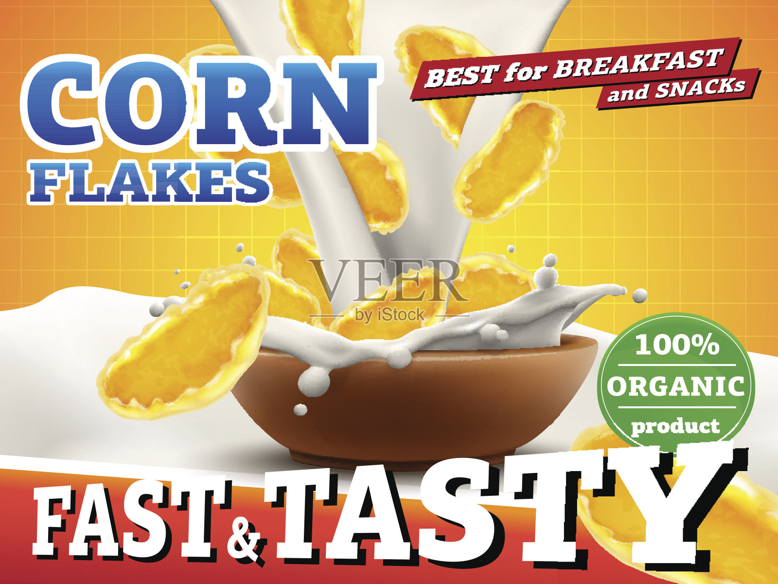 逼真的玉米片广告插图与大牛奶喷溅。高质量的艺术广告传单，海报或标签设计插画图片素材