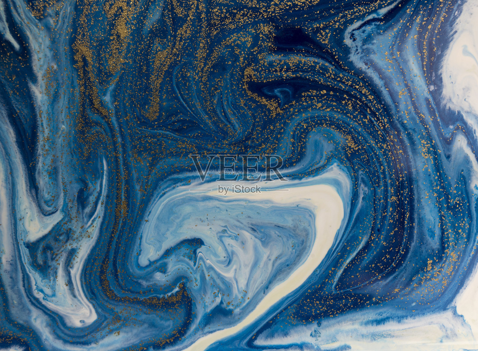 大理石蓝色和金色抽象背景。液体大理石模式照片摄影图片