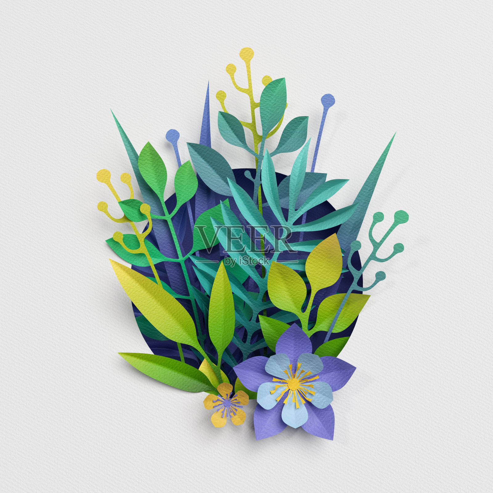 3d渲染，剪纸装饰，草地鲜花和草药，地球日贺卡，孤立的植物剪辑艺术元素插画图片素材