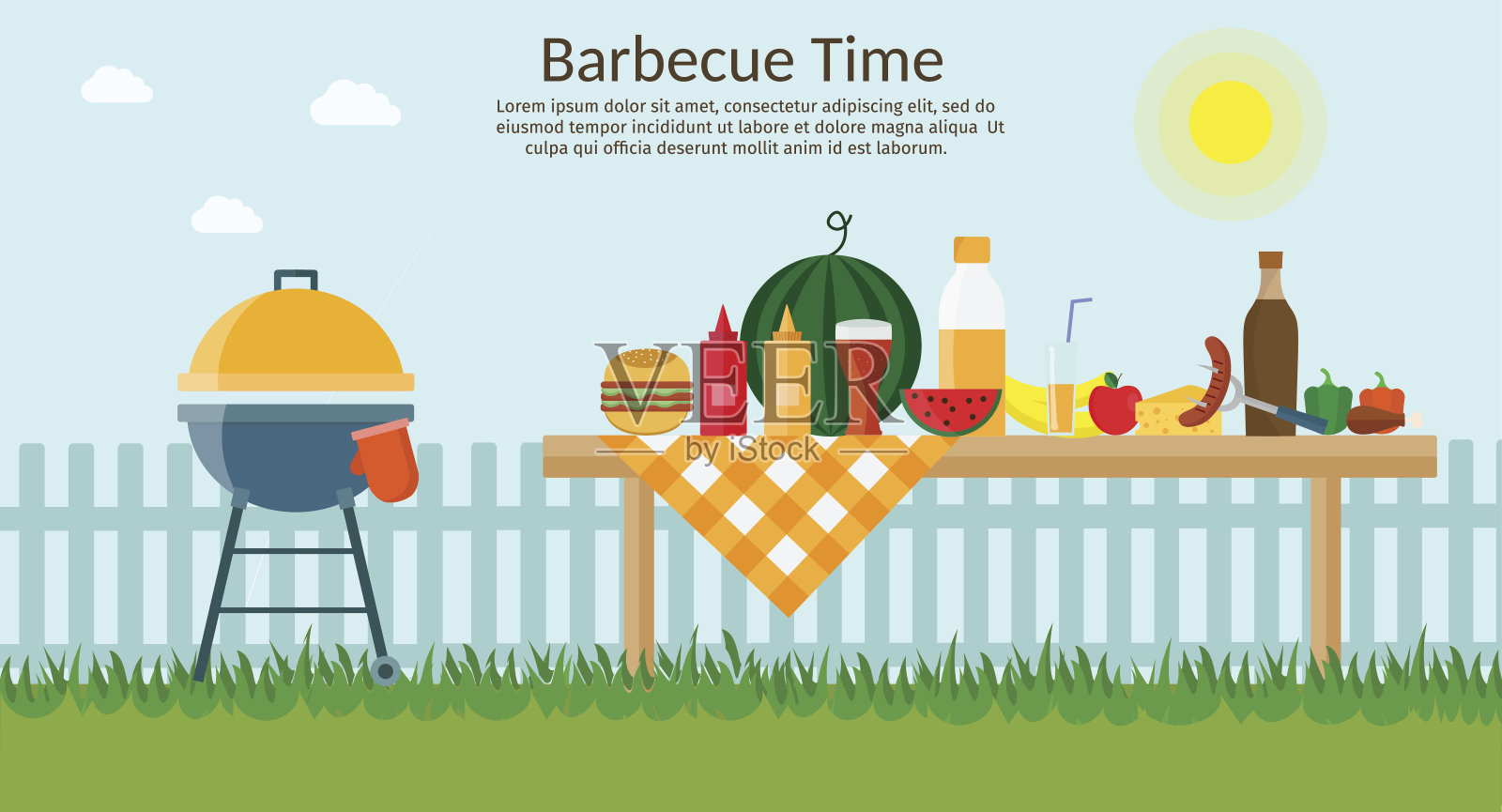 水果配酒，烧烤架，西瓜在草地上，烧烤平面插图。夏日野餐在天空下的草地上。插画图片素材