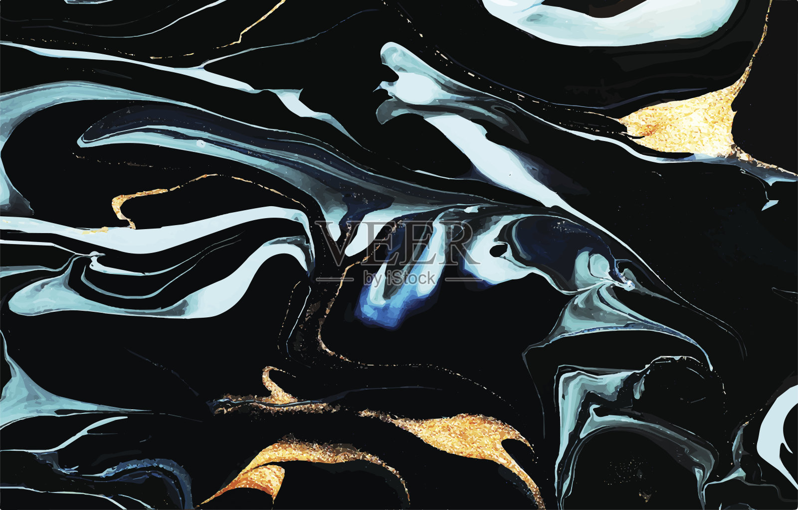 黑色，蓝色和金色的抽象背景。液体大理石模式插画图片素材