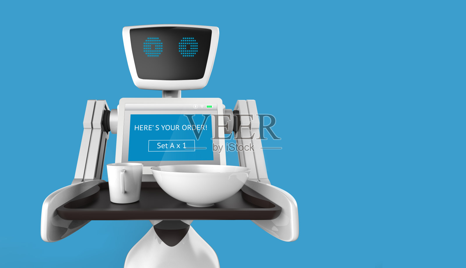 机器人技术趋势的商业概念。自主个人助理个人机器人服务食物在餐厅与蓝色背景。三维渲染照片摄影图片