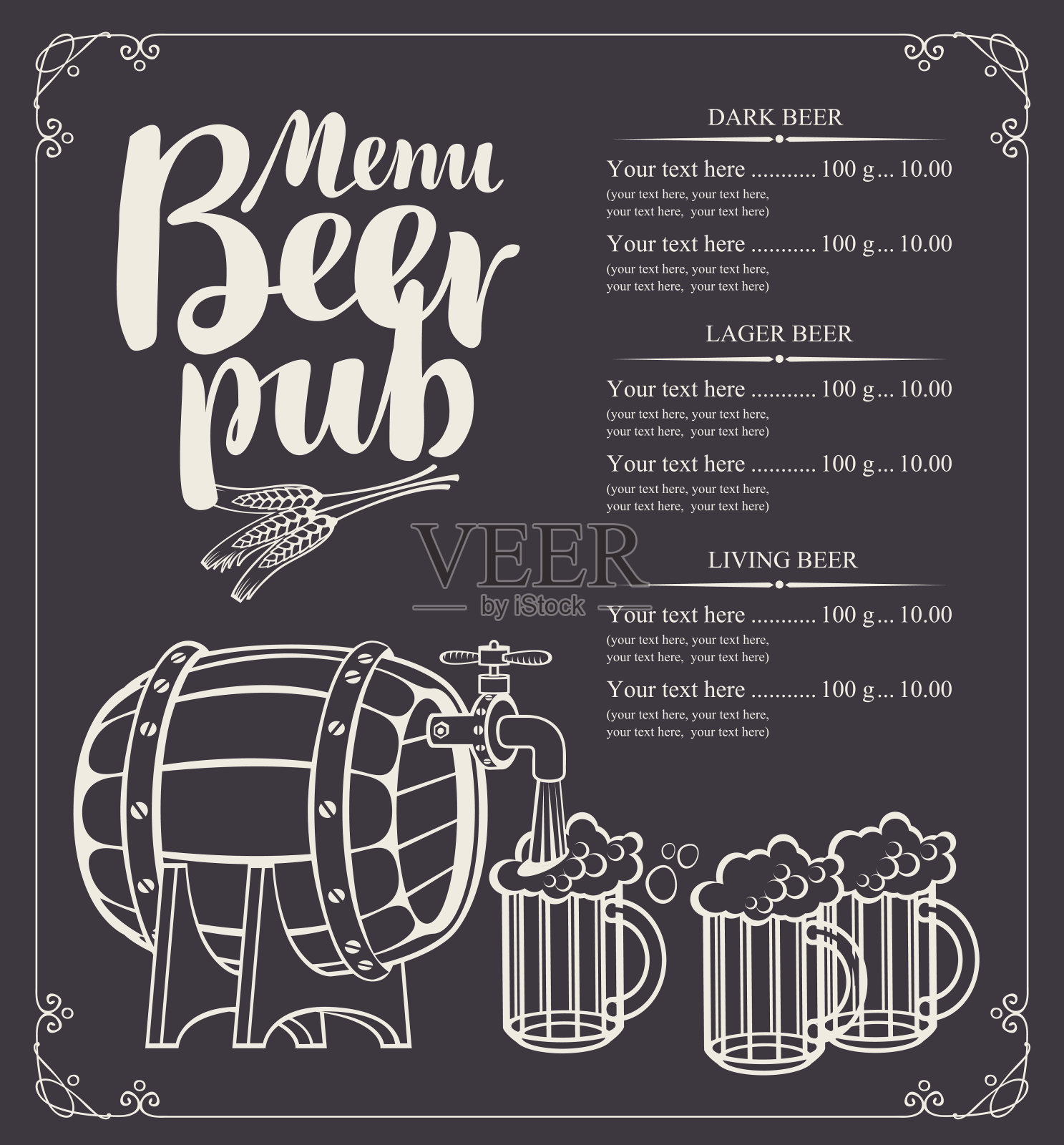 啤酒酒吧菜单与酒桶和满啤酒杯插画图片素材
