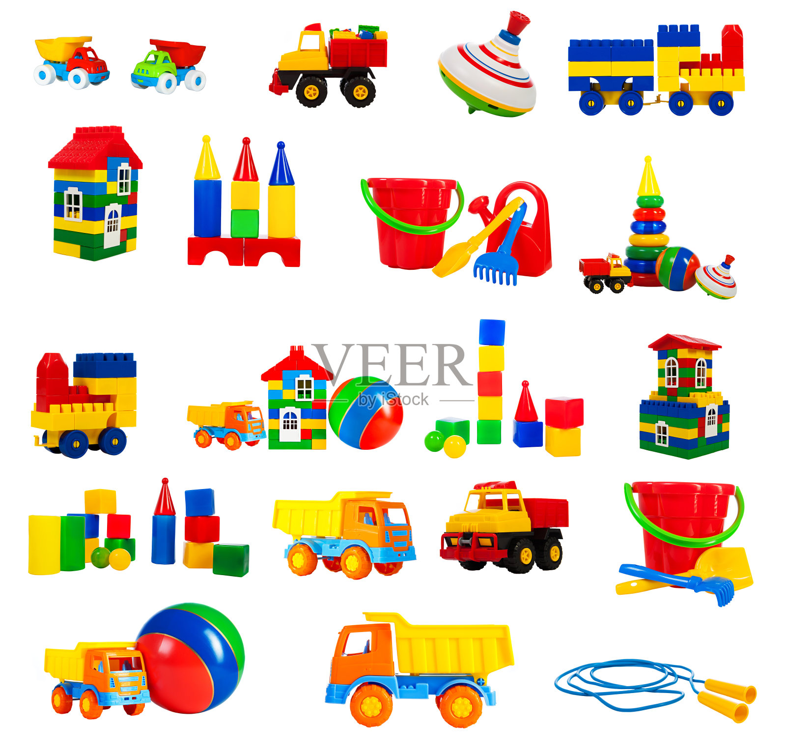 彩色玩具的儿童孤立在白色背景，设置。照片摄影图片