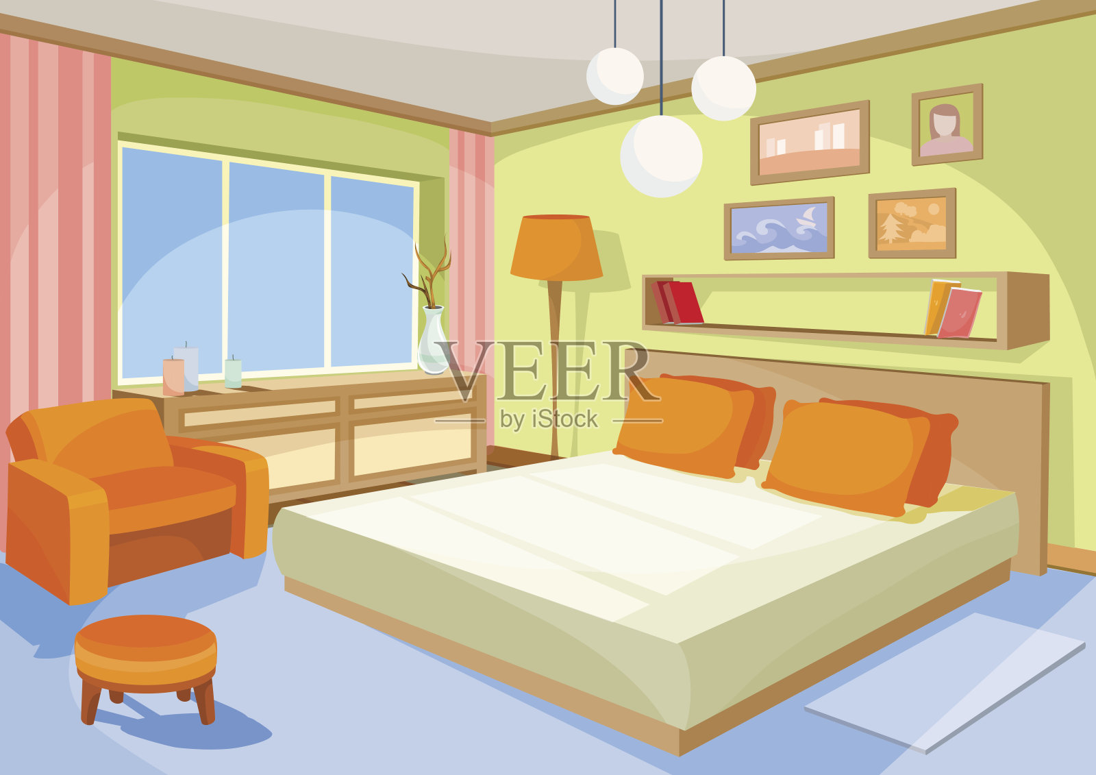 矢量卡通插图室内橙蓝色卧室，客厅配有一张床，柔软的椅子插画图片素材