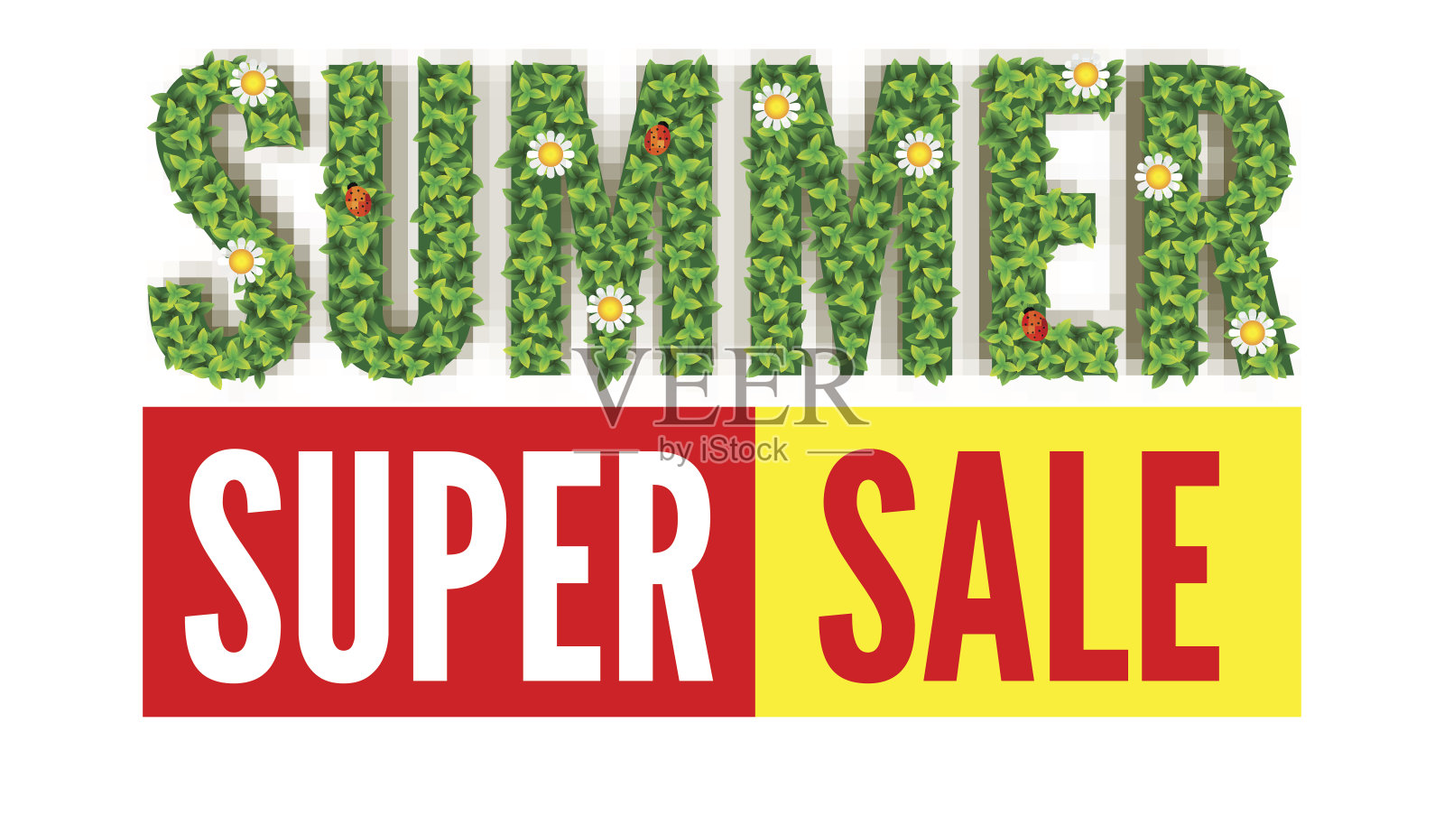 夏的题词是春的绿叶，夏的花，瓢虫。超级折扣销售。卖广告横幅。文字以绿色的草坪、草地和天空为背景。Eco-card白色设计元素图片