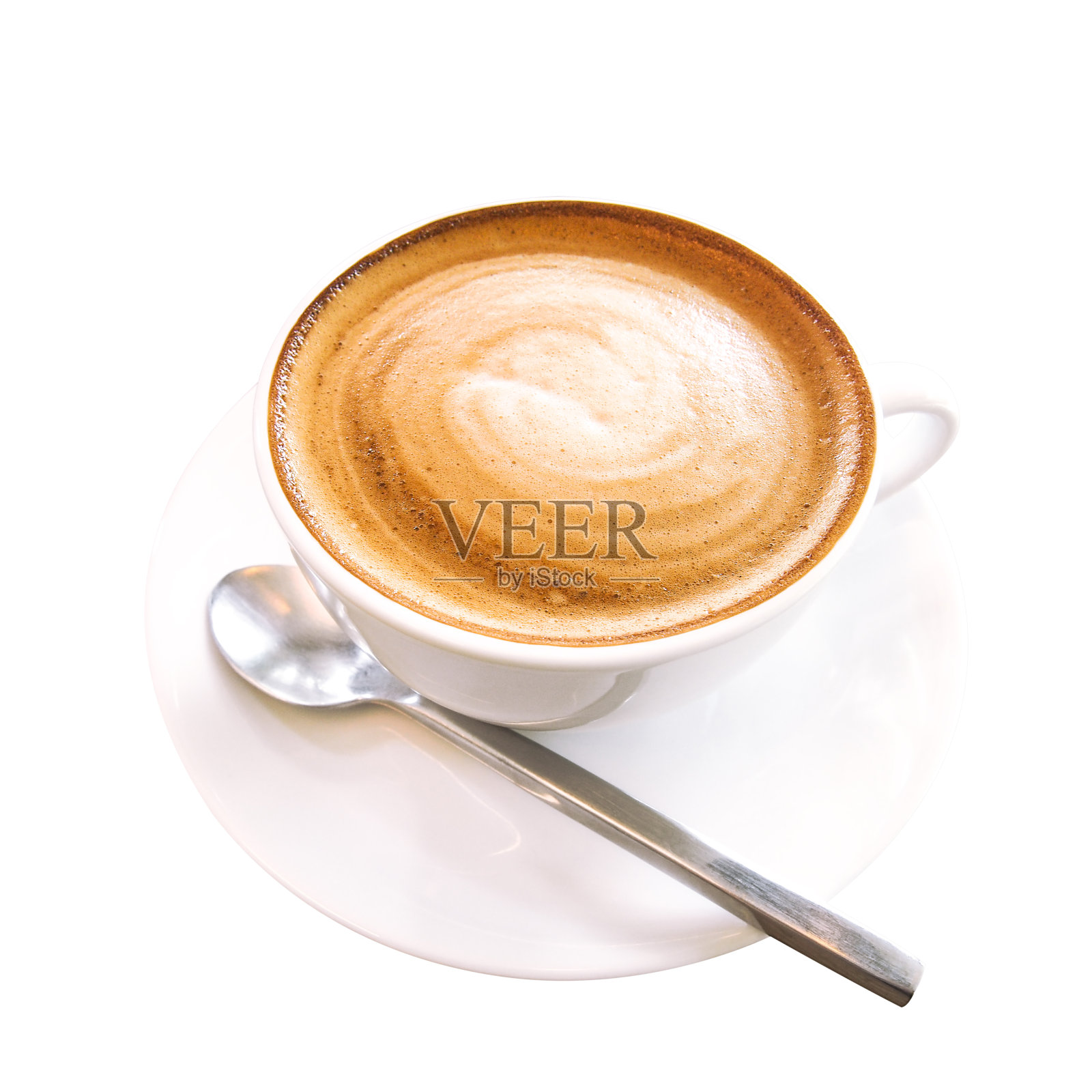 热咖啡卡布奇诺杯与螺旋奶泡隔离在白色背景，剪切路径包括。照片摄影图片