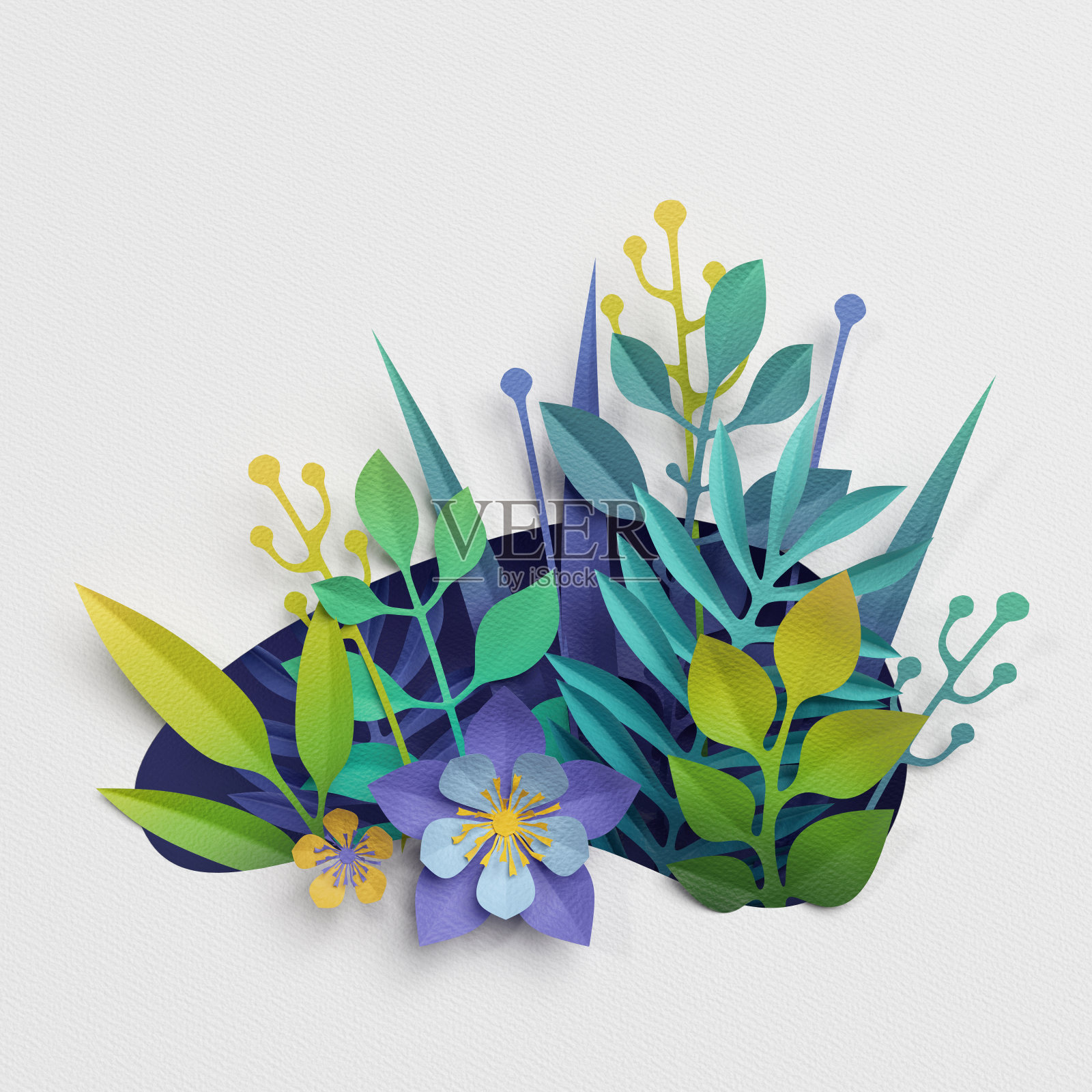 3d渲染，剪纸装饰，草地鲜花和草药，地球日贺卡，孤立的植物剪辑艺术元素插画图片素材