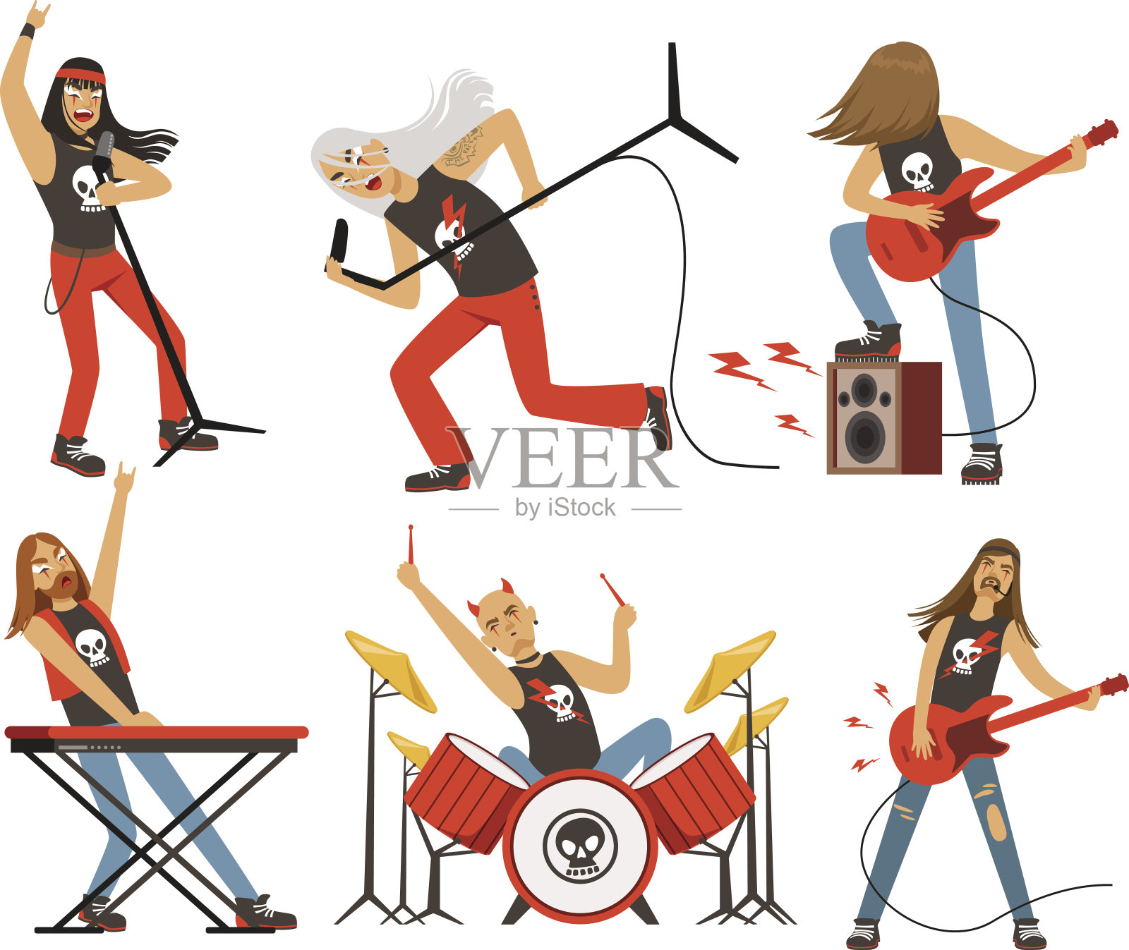 摇滚乐队里有趣的卡通人物。著名流行乐团的音乐家。向量组吉祥物插画图片素材