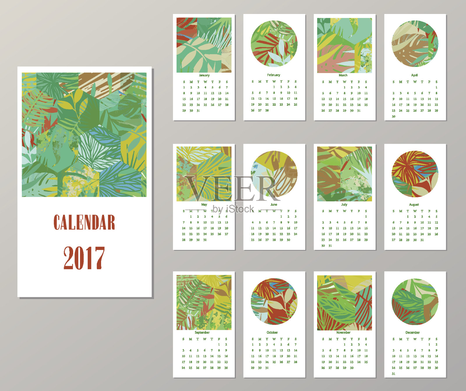 2017年日历。模板与创造性的热带纹理。设计模板素材