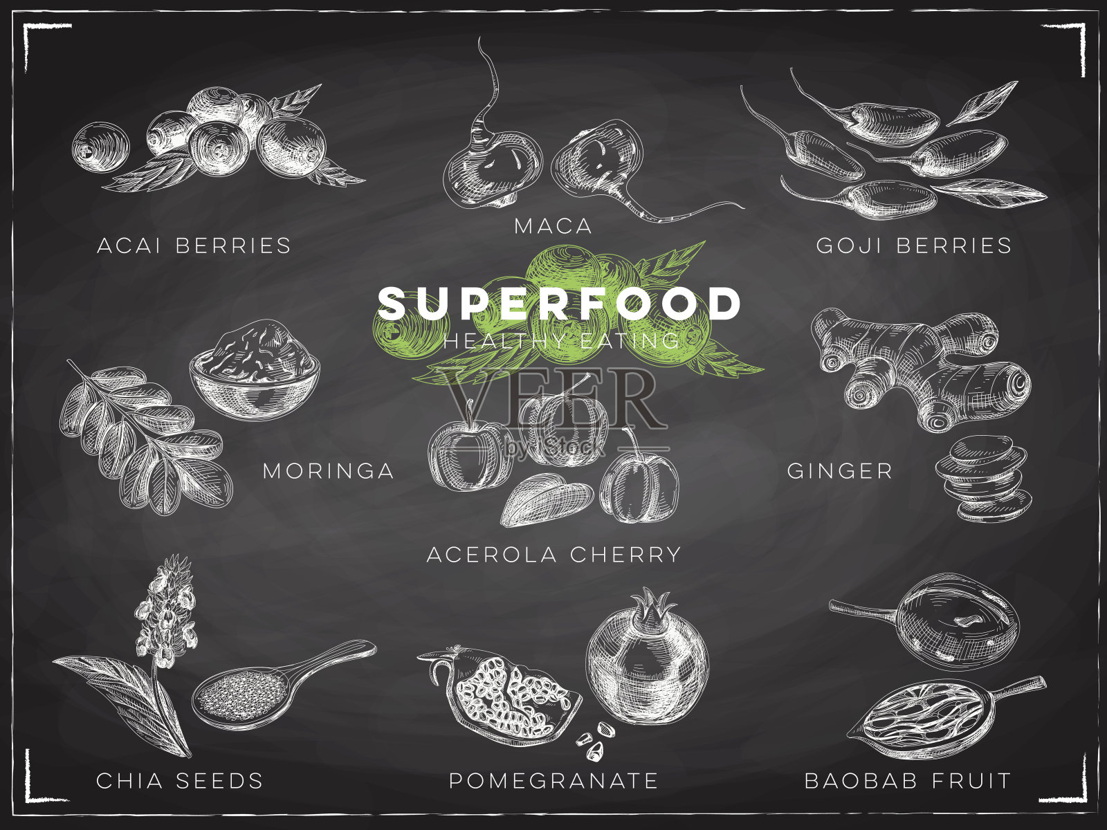 矢量手绘超级食物插图。插画图片素材