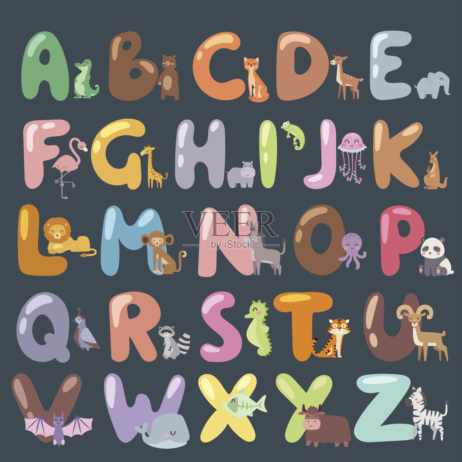 可爱的动物园字母表与卡通动物孤立和有趣的字母野生动物学习排版可爱的语言向量插图插画图片素材