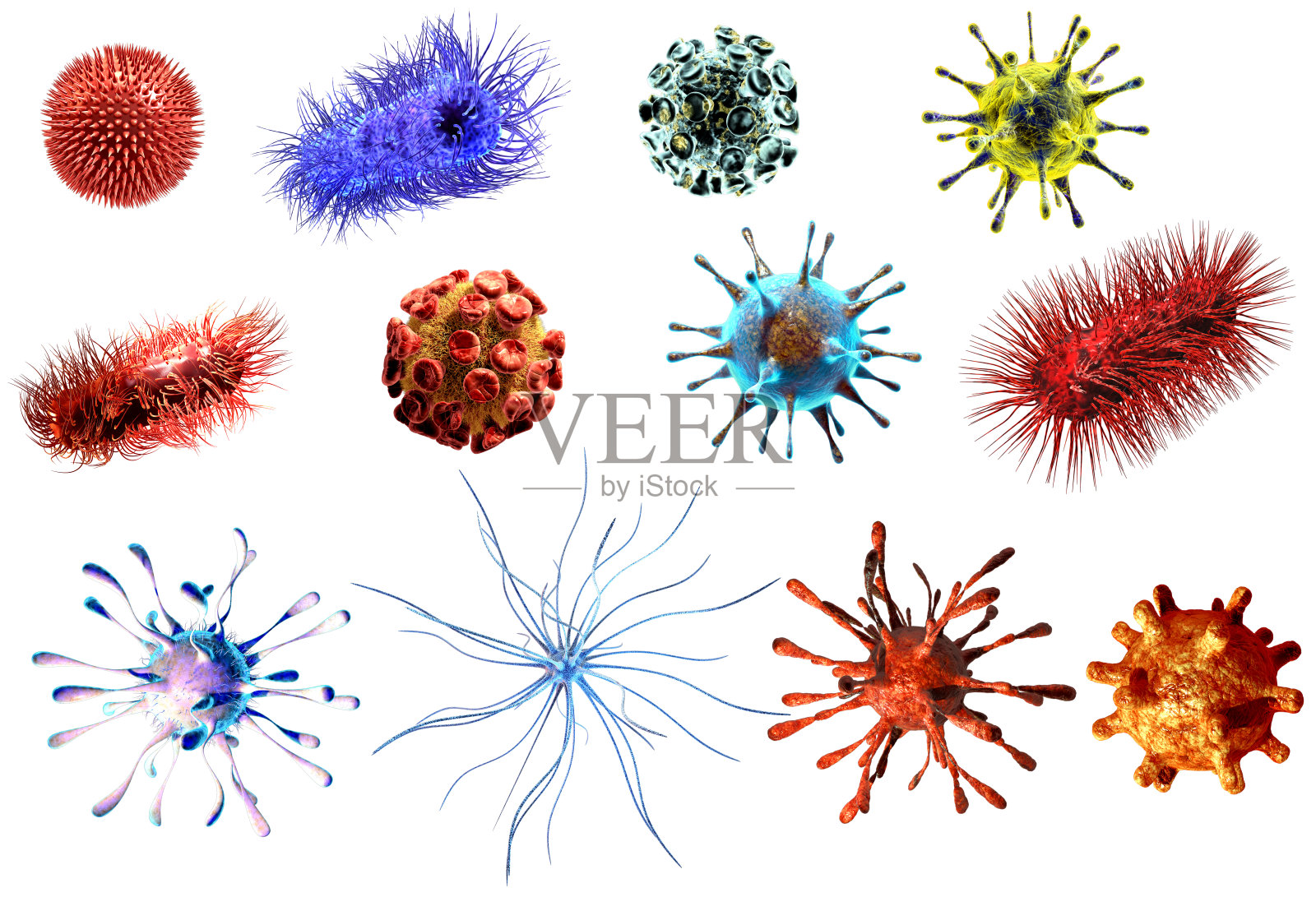 病毒和细菌大量收集。详细的医学说明病毒和细菌分离上白色插画图片素材
