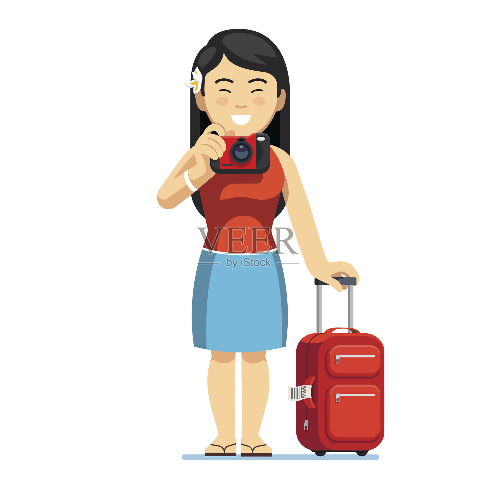 兴奋的亚洲女游客站在行李插画图片素材