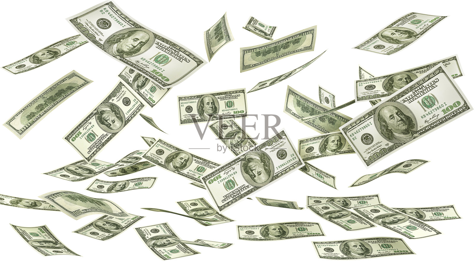 落在白色背景上的钱。美元的雨。三维演示插画图片素材