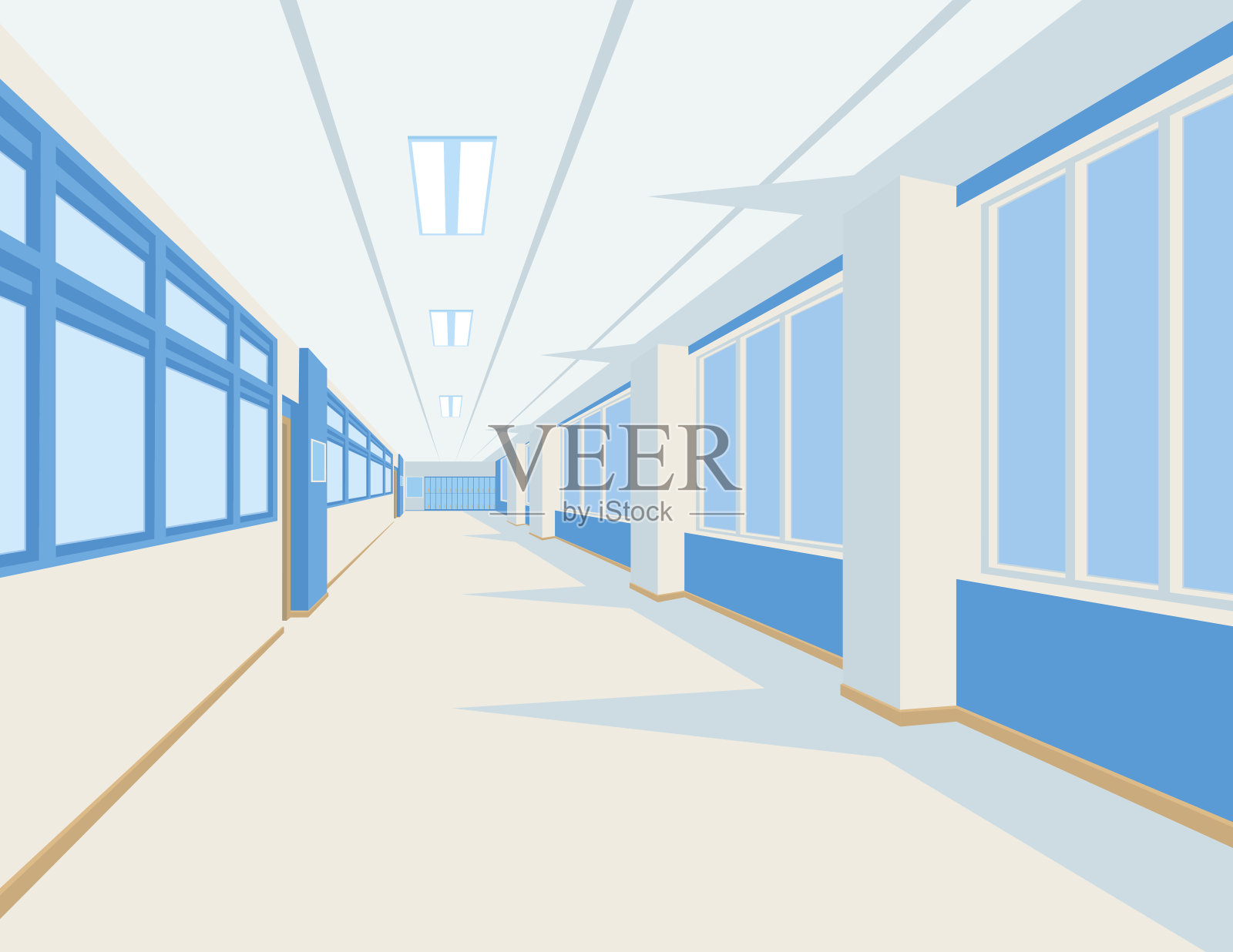 学校大厅内部为扁平风格。矢量插图的大学或学院走廊与窗户。背景图片素材