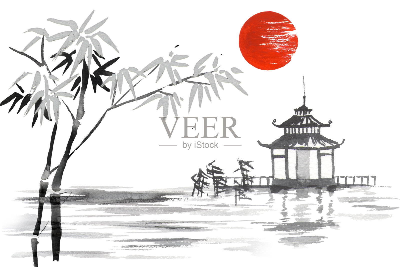 日本传统绘画Sumi-e艺术竹太阳湖插画图片素材