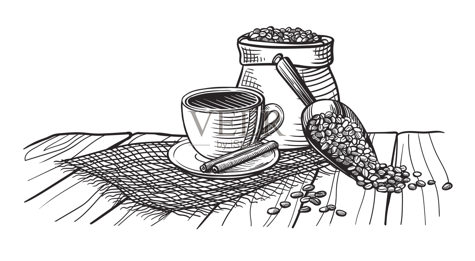 咖啡杯和咖啡豆放在木桌上插画图片素材
