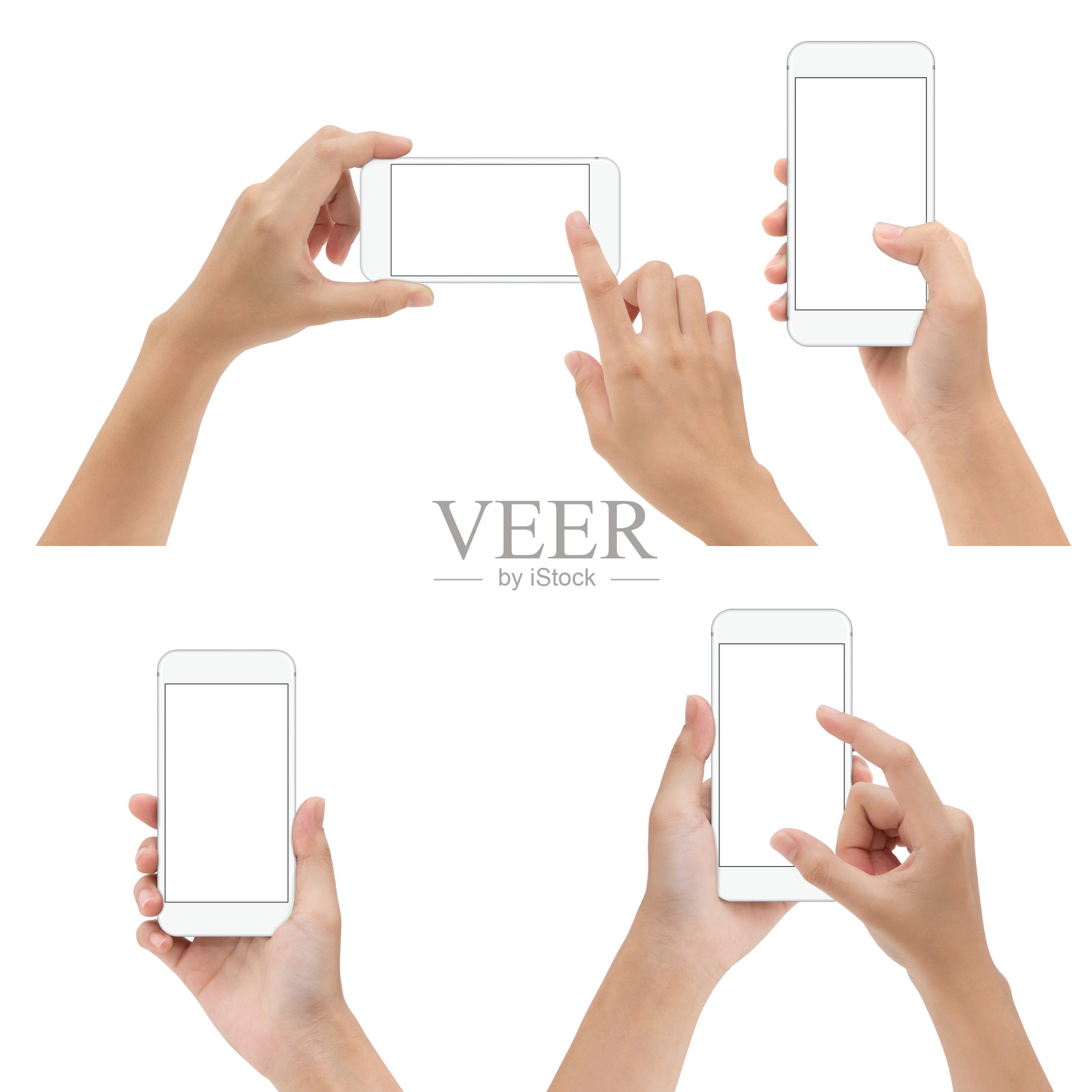 手势保持和使用白色手机孤立在白色背景照片摄影图片