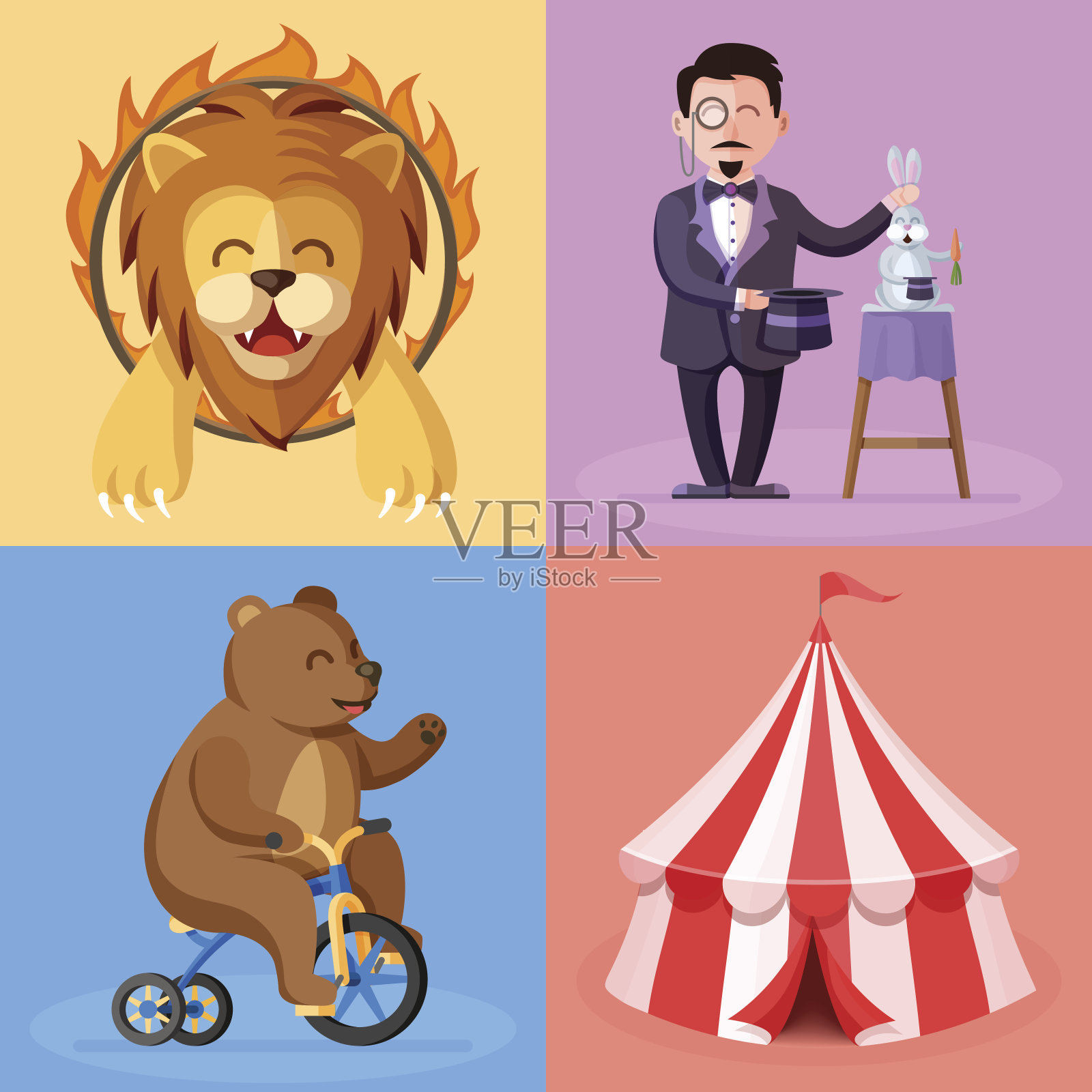 可爱的卡通风格设置与马戏团表演演员的角色。训练狮子，魔术师，熊在自行车和马戏团帐篷平矢量插图插画图片素材