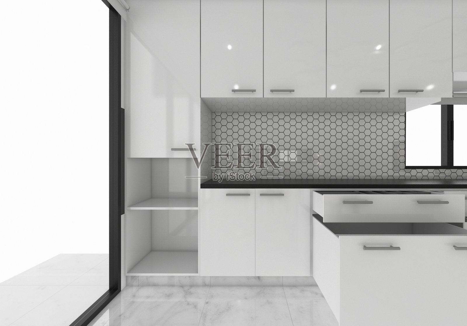 开放式橱柜厨房理念，3D渲染模型概念设计插图照片摄影图片