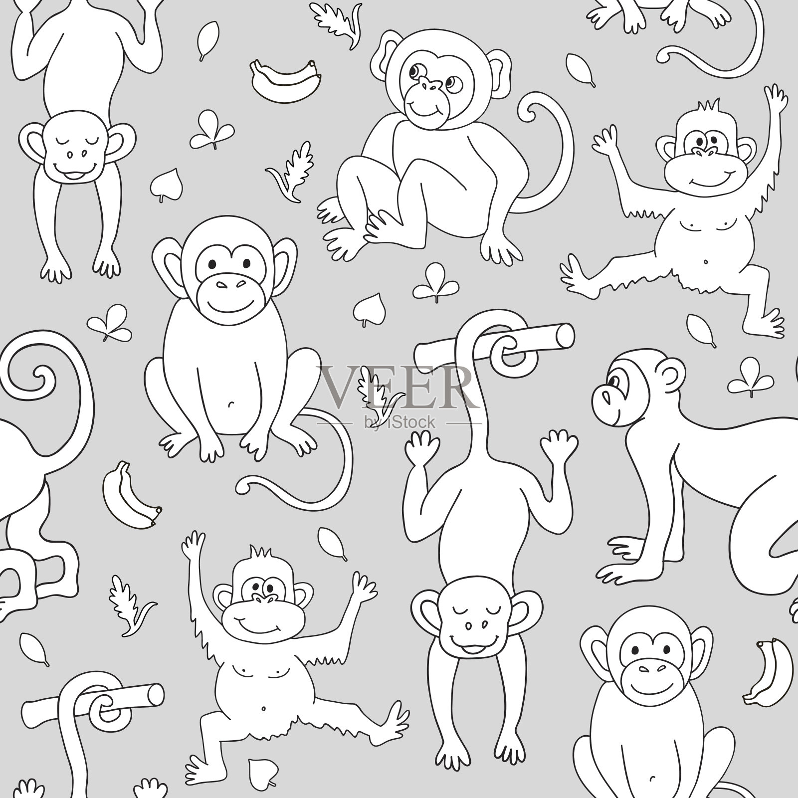 有猴子、香蕉和树叶的无缝图案。插画图片素材