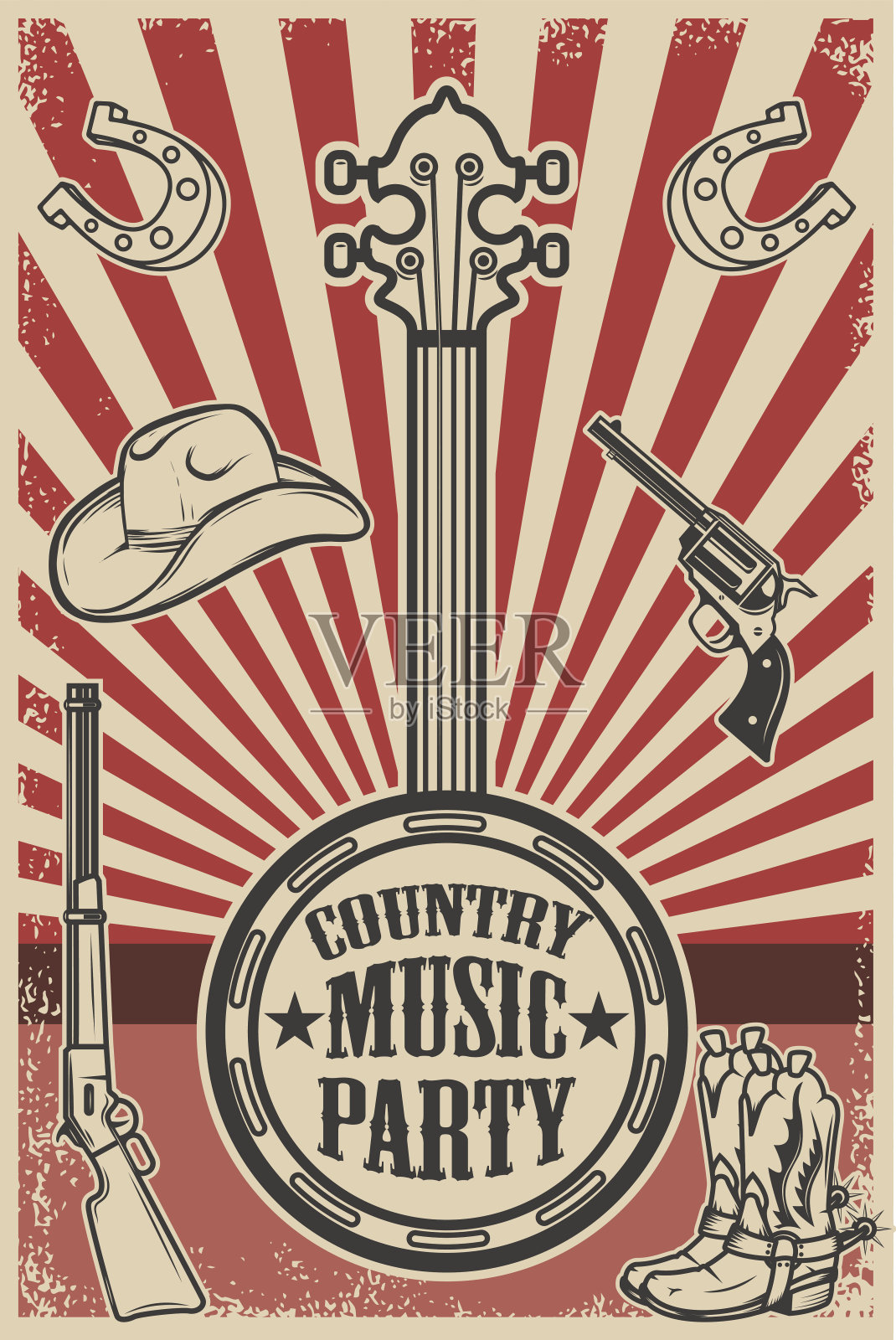 Сountry音乐派对海报模板。老式班卓琴在垃圾摇滚背景。牛仔帽和靴子，左轮手枪，步枪。矢量图设计模板素材
