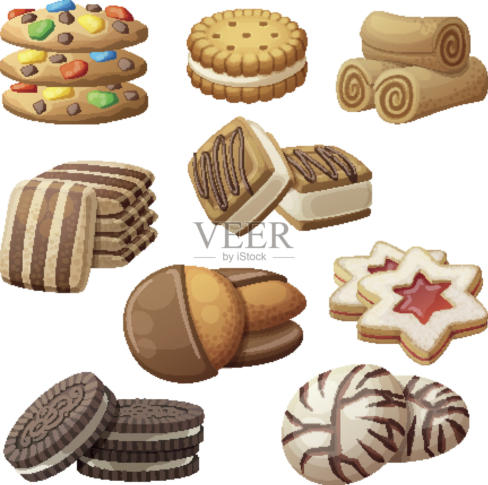 一套美味的饼干。卡通矢量插图。食物甜的图标孤立在白色的背景插画图片素材