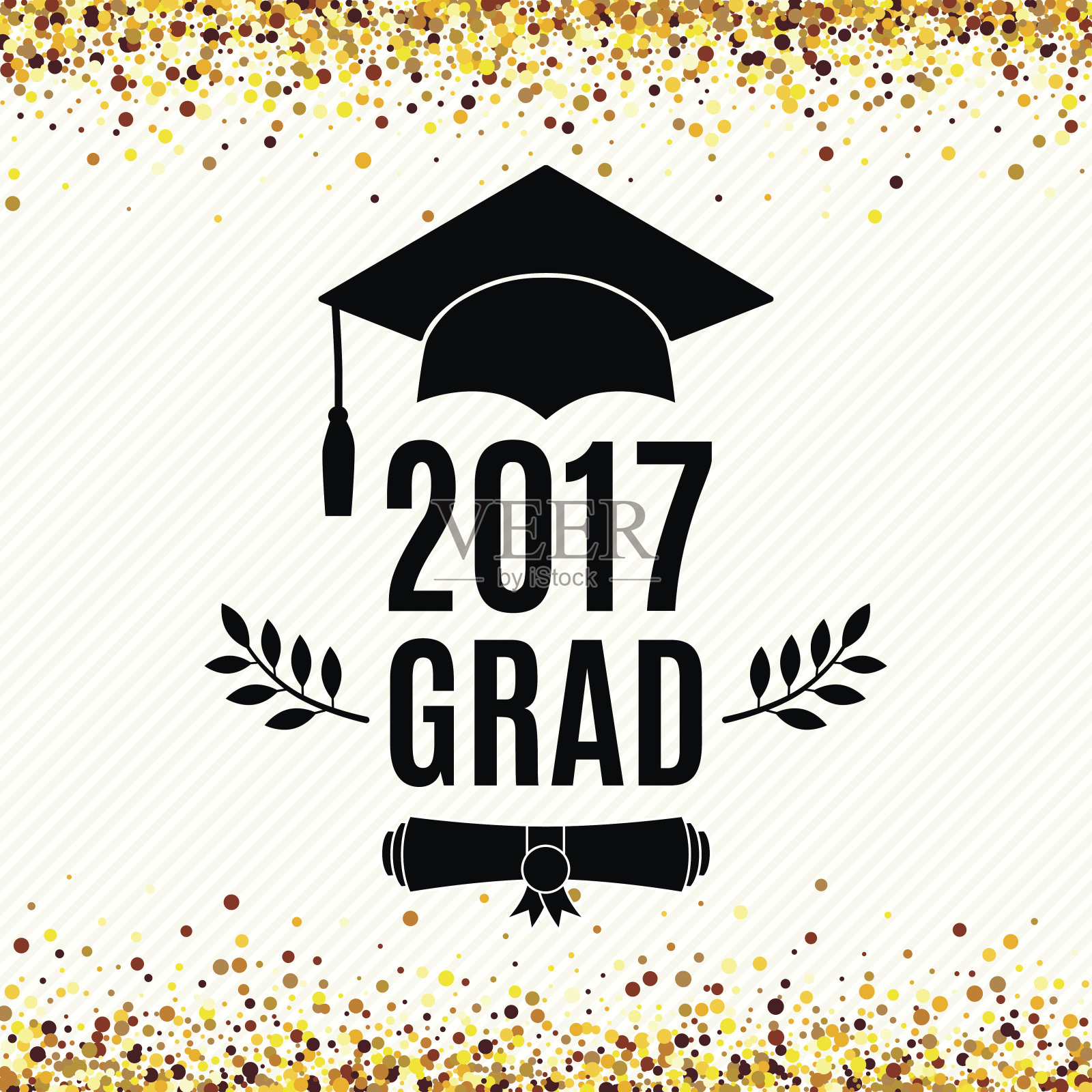 2017届毕业生贺卡与帽子，卷轴和月桂邀请，横幅，海报，明信片。矢量图插画图片素材
