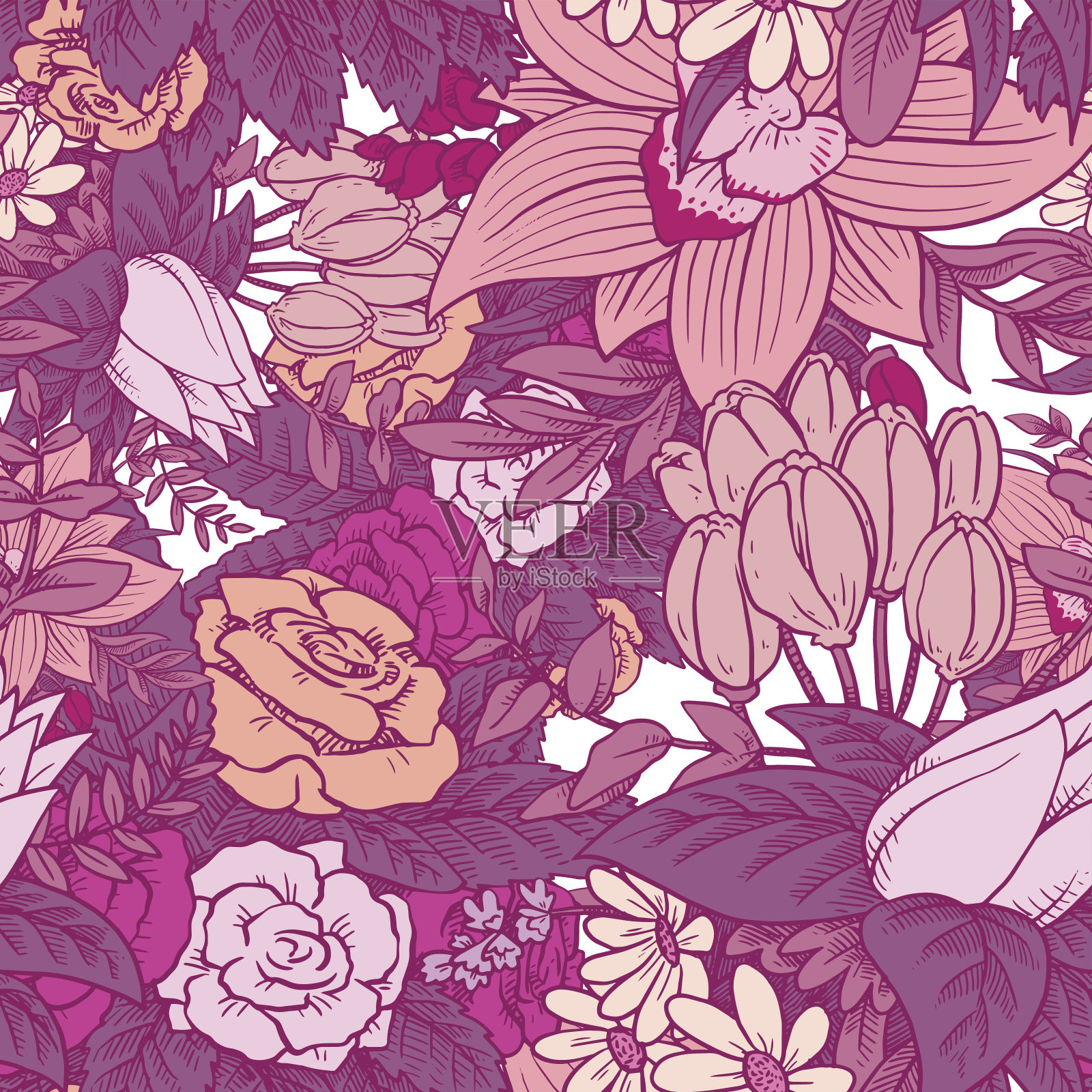 无缝花卉图案与美丽的花朵在粉红色调插画图片素材
