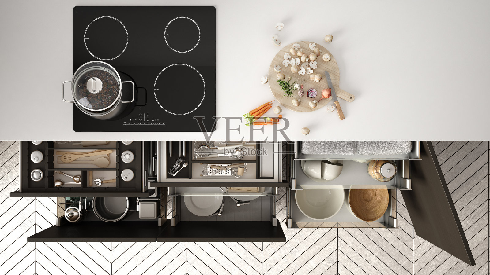 现代厨房俯视图，打开的抽屉和炉灶与烹饪锅，极简的室内设计照片摄影图片